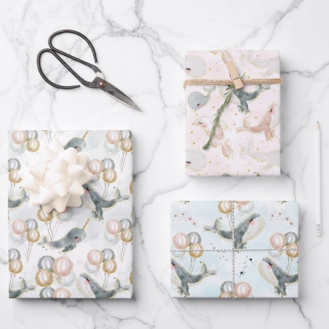 Feuille De Papier Cadeau Balloon bleu rose gris baleine Baby shower d'anniv (Recto)
