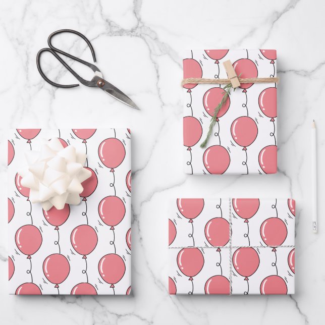 Feuille De Papier Cadeau Balloon rose Filles Anniversaire (Recto)