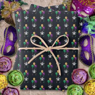 Feuille De Papier Cadeau Balloons Mardi Gras Blanc FleurDeLis sur Graphite