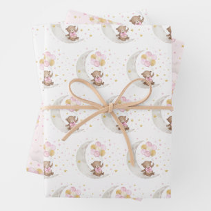 Feuille De Papier Cadeau Balloons Ours En Ours En Oeuvre Rose Lune Stars