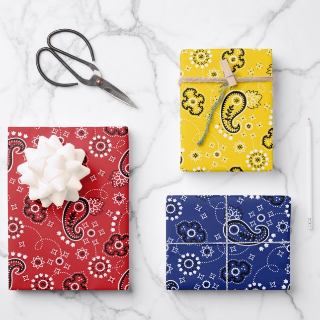 Feuille De Papier Cadeau Bandana Bleu Rouge classique Motif amusant (Recto)