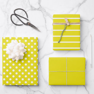 Feuille De Papier Cadeau Bandes à points polka jaunes et blancs