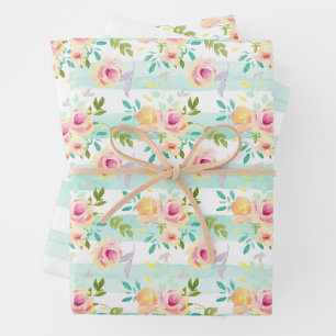 Feuille De Papier Cadeau Bandes de menthe Floral Chic