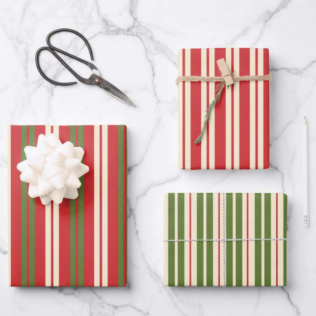 Feuille De Papier Cadeau Bandes de Noël rétros Crème rouge verte (Recto)