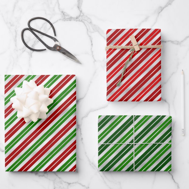 Feuille De Papier Cadeau Bandes de Noël rouge, vert et argent (Recto)