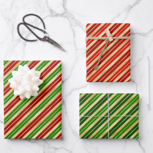 Feuille De Papier Cadeau Bandes de Noël rouge, vert et or