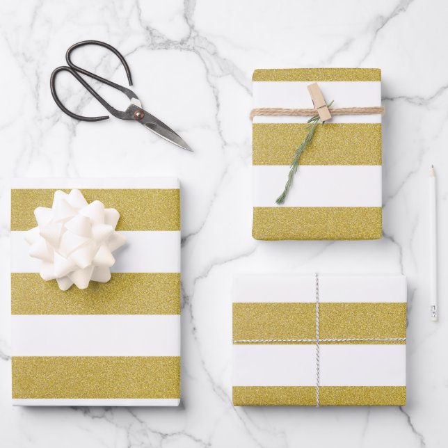Feuille De Papier Cadeau Bandes d'or, Blancs, Motif rayé (Recto)