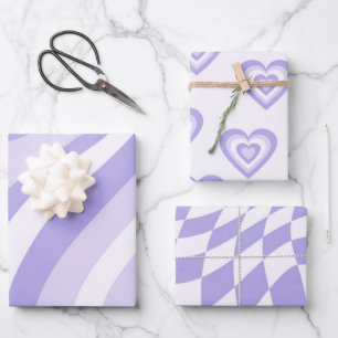 Feuille De Papier Cadeau Bandes géométriques violettes rétro Coeurs Carrés 
