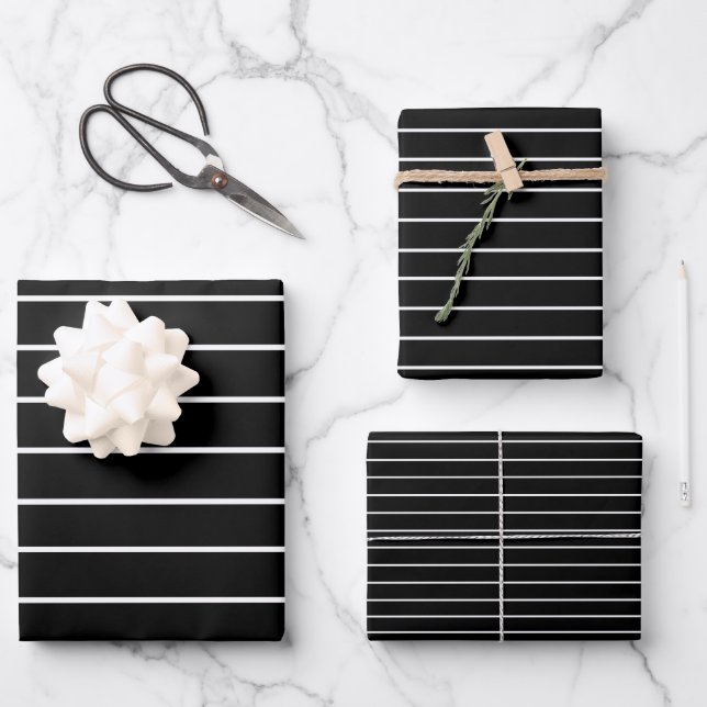 Feuille De Papier Cadeau Bandes Minces Noires Et Blanches (Recto)