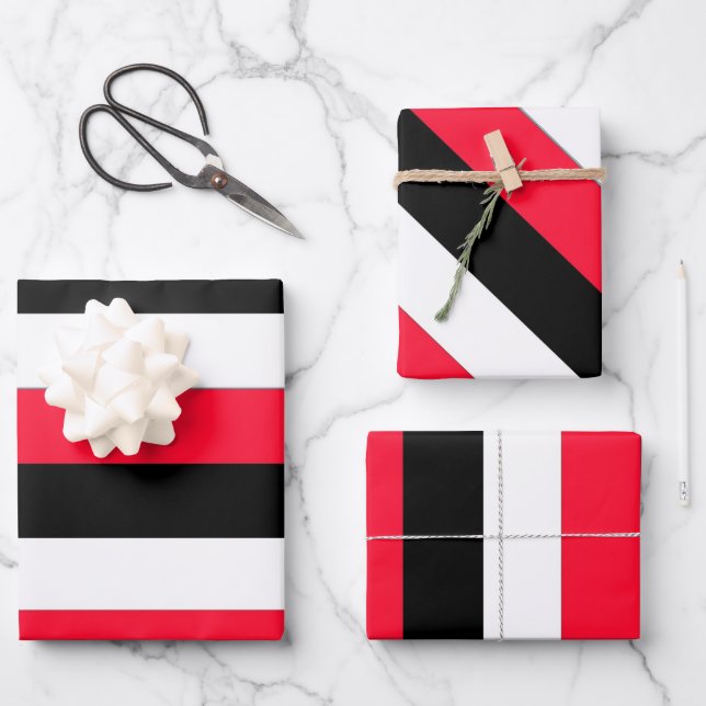 Feuille De Papier Cadeau Bandes noires, blanches et rouges (Recto)