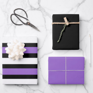 Feuille De Papier Cadeau Bandes noires, violettes et blanches