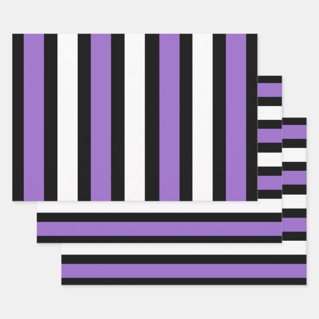 Feuille De Papier Cadeau Bandes noires, violettes et blanches (Lot)
