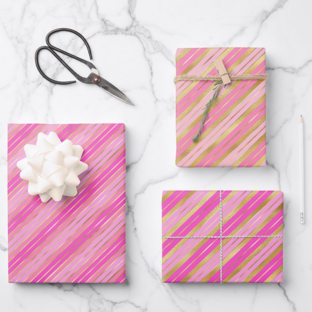 Feuille De Papier Cadeau Bandes or et rose (Recto)