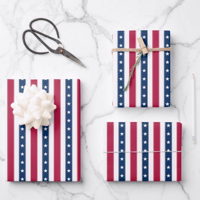 Feuille De Papier Cadeau Bandes patriotiques avec étoiles (verticale) (Recto)