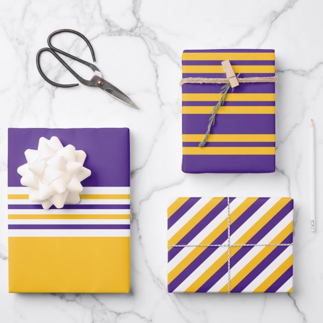 Feuille De Papier Cadeau Bandes pourpres et dorées (Recto)