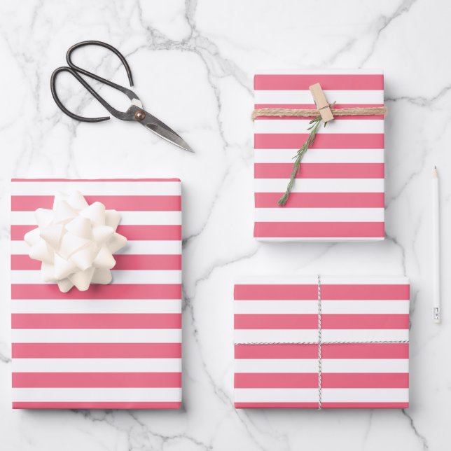 Feuille De Papier Cadeau Bandes roses et blanches (Recto)