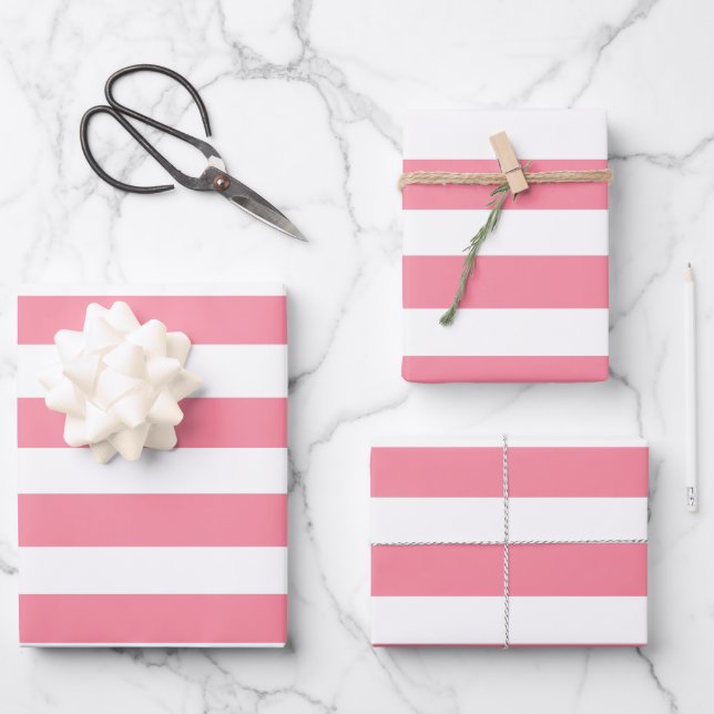 Feuille De Papier Cadeau Bandes roses et blanches douces (Recto)