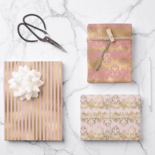 Feuille De Papier Cadeau Bandes roses et or