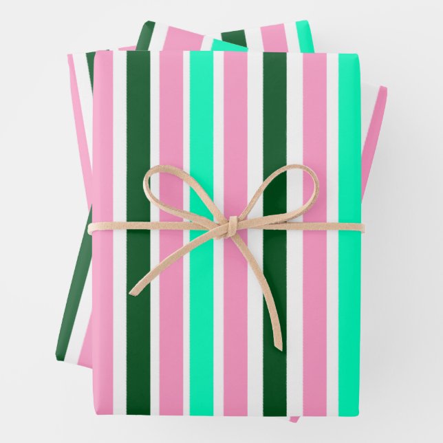 Feuille De Papier Cadeau Bandes roses et vertes (En situation)
