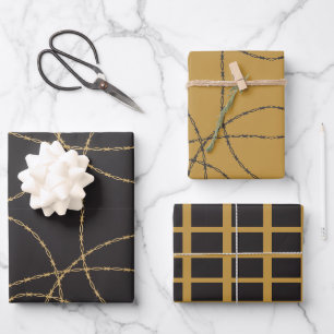 Feuille De Papier Cadeau Barre Luxe Barbelé Or Noir