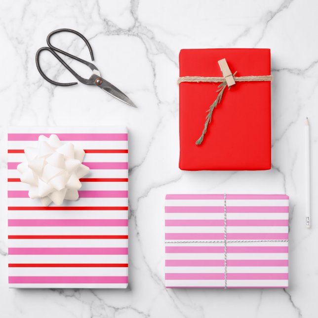 Feuille De Papier Cadeau Barré rouge et rose (Recto)