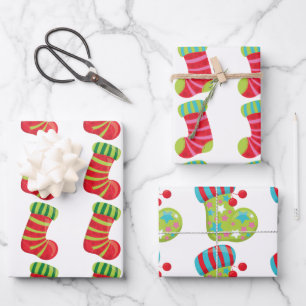 Feuille De Papier Cadeau Bas de Noël festifs sur des motifs blancs
