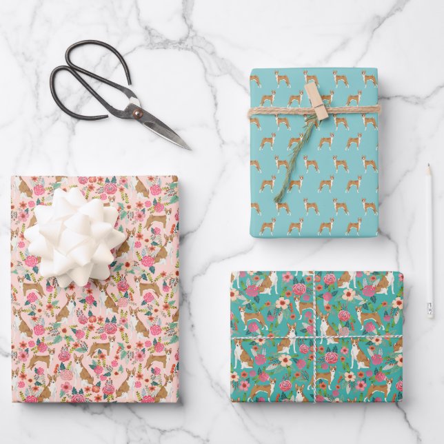 Feuille De Papier Cadeau Basenji Chiens Floral (Recto)