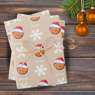 Feuille De Papier Cadeau Basket-ball avec Red Santa Hat Snowflon Nom