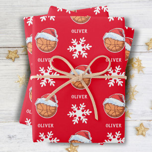 Feuille De Papier Cadeau Basket-ball avec Red Santa Hat Snowflon Nom