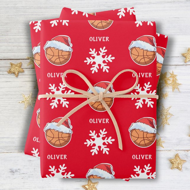 Feuille De Papier Cadeau Basket-ball avec Red Santa Hat Snowflon Nom (Créateur téléchargé)