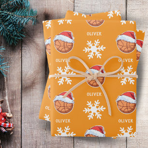 Feuille De Papier Cadeau Basket-ball avec Red Santa Hat Snowflon Nom