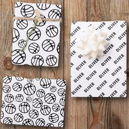 Feuille De Papier Cadeau Basket Ball Motif Noir et Blanc Nom