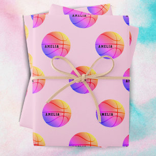 Feuille De Papier Cadeau Basket-ball Motif rose Enfants Nom Sports
