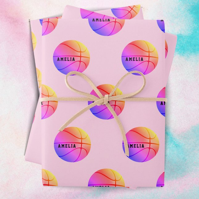 Feuille De Papier Cadeau Basket-ball Motif rose Enfants Nom Sports (Créateur téléchargé)