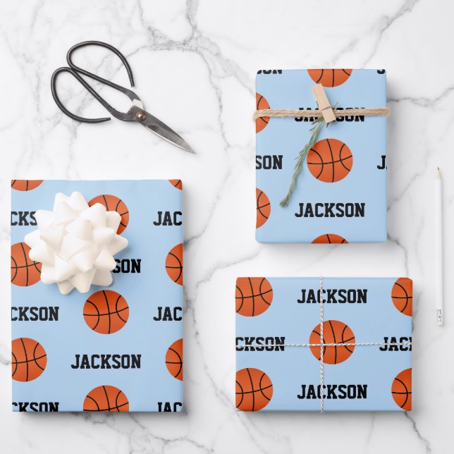 Feuille De Papier Cadeau Basket-ball Nom Motif Enfants Bleu (Recto)