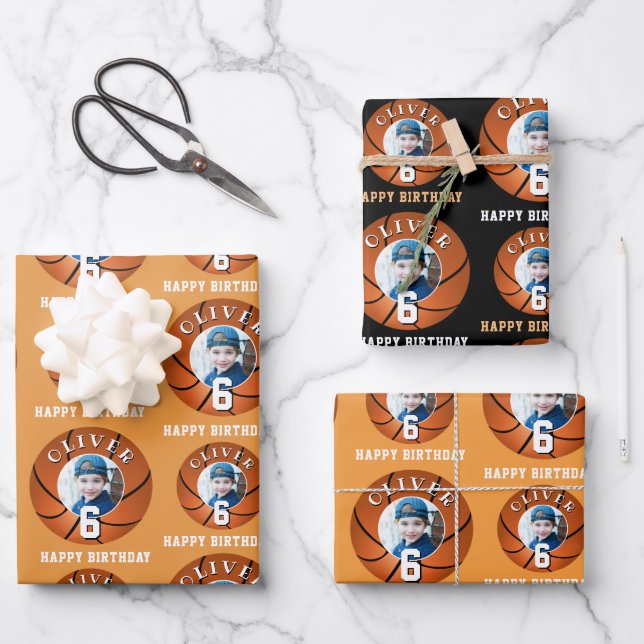 Feuille De Papier Cadeau Basketball Ball Kids Joyeux Anniversaire Photo (Recto)