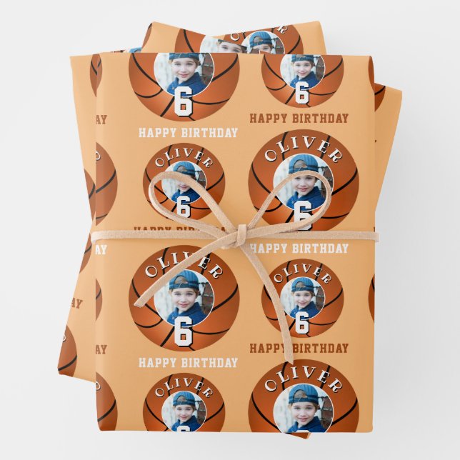 Feuille De Papier Cadeau Basketball Ball Kids Joyeux Anniversaire Photo (En situation)