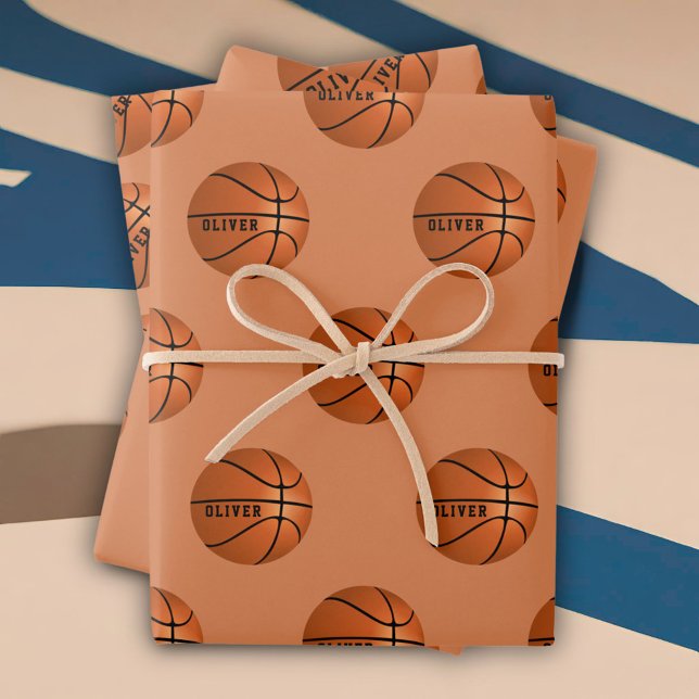 Feuille De Papier Cadeau Basketball Ball Motif Enfants Nom Anniversaire (Créateur téléchargé)