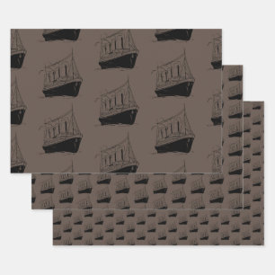 Feuille De Papier Cadeau Bateau à voile Nautique Retro Brown et noir