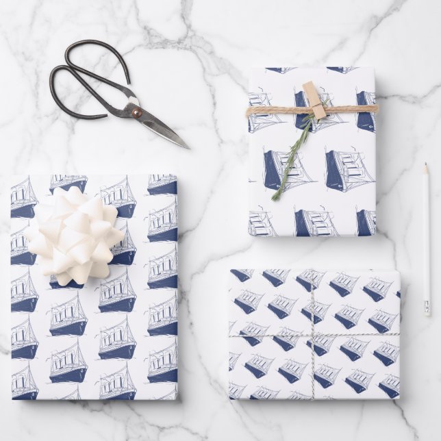 Feuille De Papier Cadeau Bateau nautique bleu et blanc (Recto)