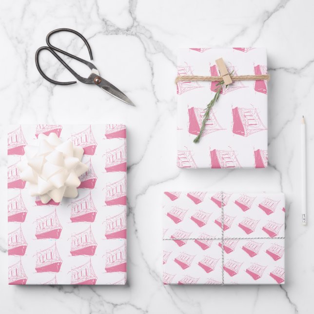 Feuille De Papier Cadeau Bateau nautique rose et blanc (Recto)