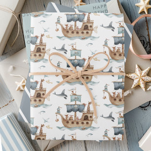 Feuille De Papier Cadeau Bateau pirate avec Animaux Fête des enfants