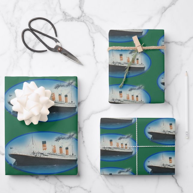 Feuille De Papier Cadeau Bateau Titanic Birthday Green White Star Line (Recto)