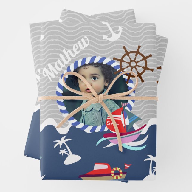 Feuille De Papier Cadeau Bateaux amusants Photo Grey Blue (En situation)
