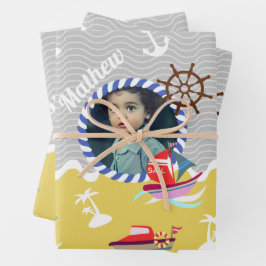 Feuille De Papier Cadeau Bateaux amusants Photo gris jaune