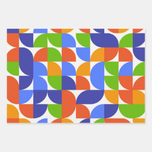 Feuille De Papier Cadeau Bauhaus Mid Century Motif Bleu, Orange, Vert
