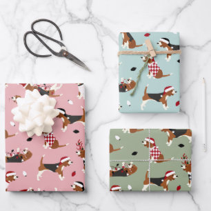 Feuille De Papier Cadeau Beagles de Noël bleu rose vert