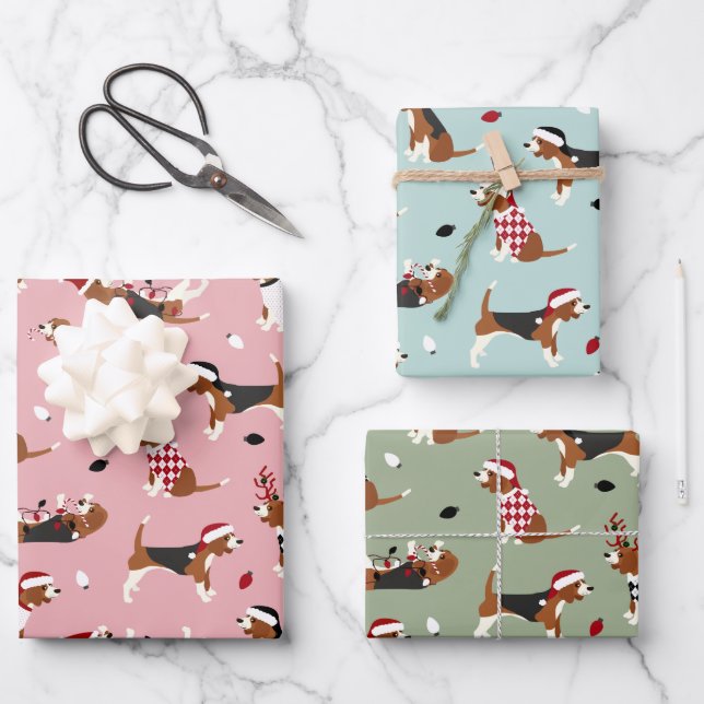 Feuille De Papier Cadeau Beagles de Noël bleu rose vert (Recto)
