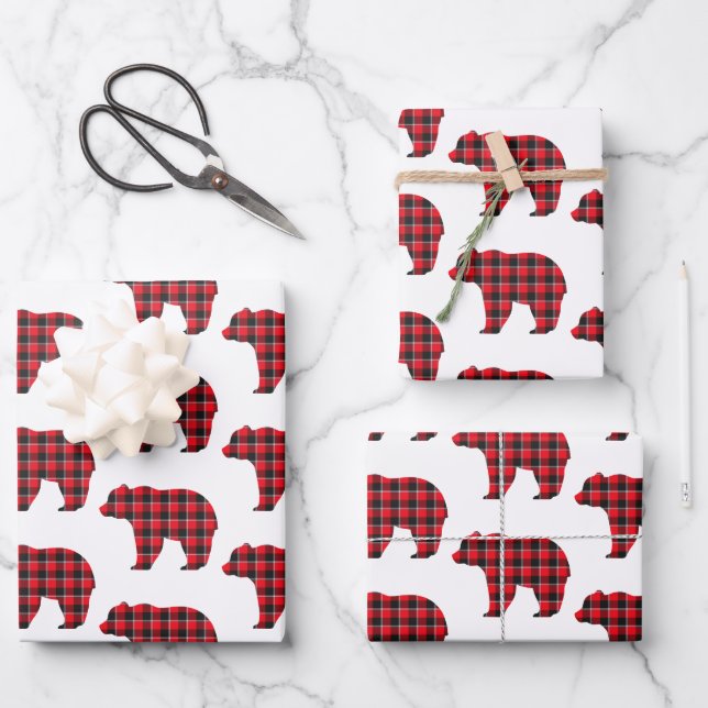Feuille De Papier Cadeau Bear Shaped Plaid Red Black Buffalo (Recto)