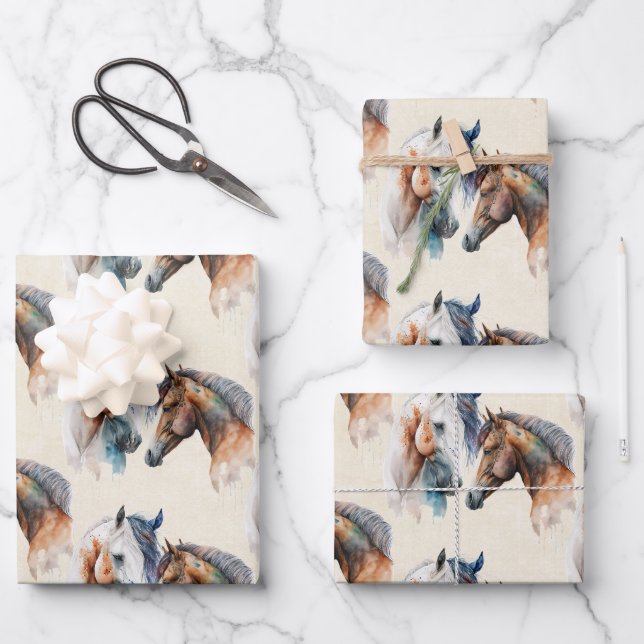 Feuille De Papier Cadeau Beau Chevaux Western Boho Motif (Recto)